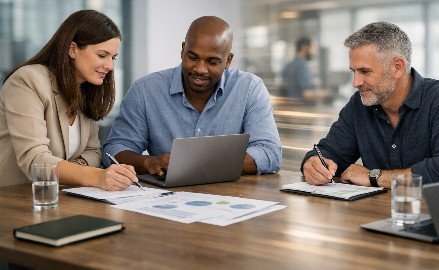 A team collaborating around a laptop and documents in a bright office
