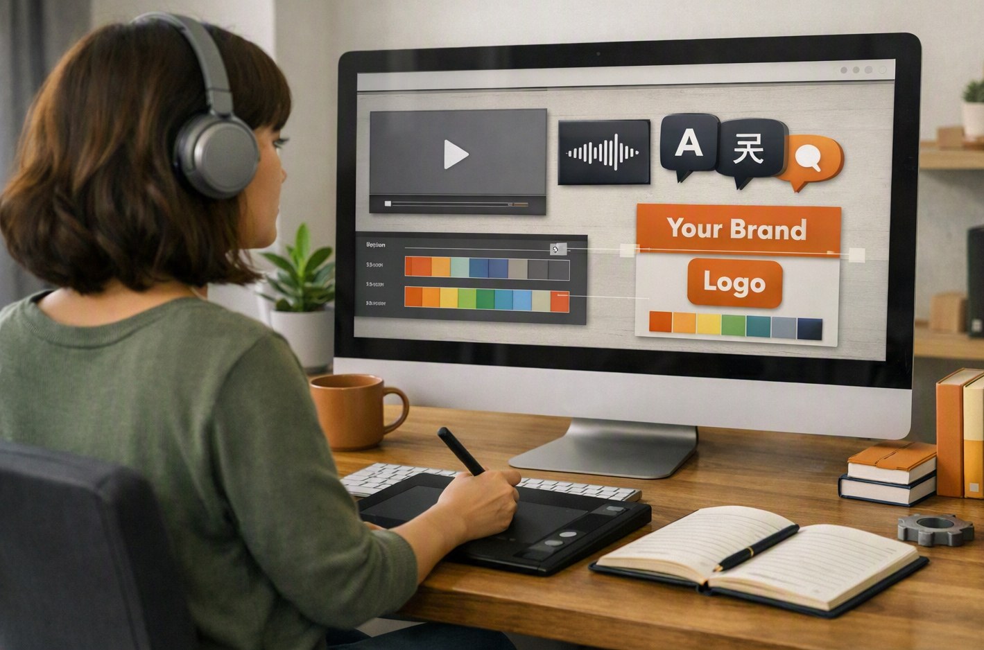 A content creator at a desktop building branded multimedia learning resources